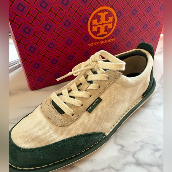 Tory Burch  Marina Sneaker In Ivory Canvas/ Volley Blue/green size 10 - Picture 5 of 5